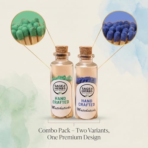 Image of Sage & Herbs Small Matchstick Combo Pack | Blue & Green Head Matchstick | in a Borosilicated Cork Jar with a Striker | Combo Pack | 80 Match Sticks | Multipurpose use for Home, Office, Home Temple