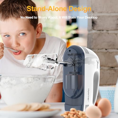 Image of LILPARTNER Hand Mixer Electric, Ultra Power Kitchen Hand Mixer With 7-Speed & 5 Stainless Steel Accessories for Whipping Dough, Cream, Cake, Dishwasher Safe, Light White