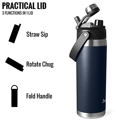Skywell 24Oz Stainless Steel Water Bottle With 3 In 1 Lid, Bpa-Free Leak-Proof Wide Mouth Vacuum-Insulated Water Flask With Straw And Handle Sweat-Proof For Outdoor And Travel, Navy #TOP1