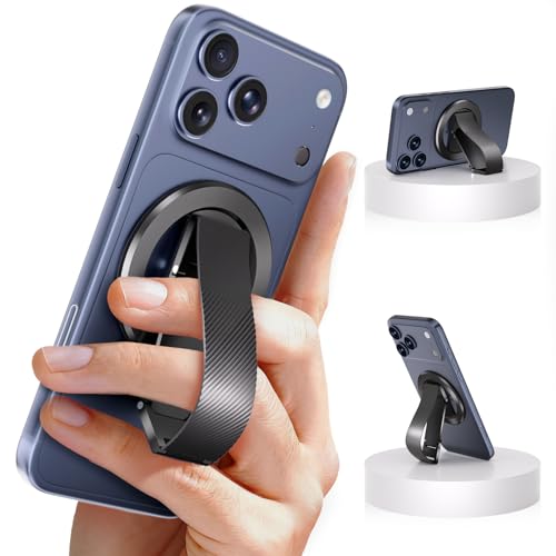 SINCEHOLY for MagSafe Phone Grip Ring Magnetic Phone Holder with Silicone Finger Strap 360 Rotating Dual-Axis Kickstand N52 Magnetic Phone Stand Grip for Mag Safe iPhone 17/16/15/14/13/12 Black