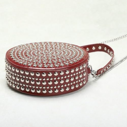 Womens Trendy Vegan Leather Shoulder Crossbody Bag Y2K Punk Rivet Tote Purse Small Handbags Round Chain Satchel4