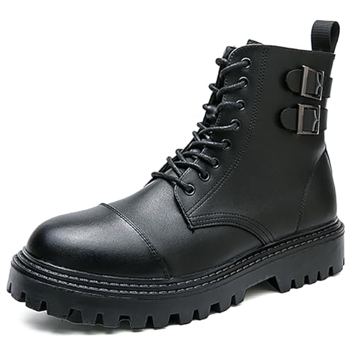 Men'S Leather Lace-Up Platform Combat Boots Fashion Side Zipper Round Head Buckle Strap Chunky Lug Sole High Top Motorcycle Boots Comfort Non-Slip Waterproof Casual Ankle Booties