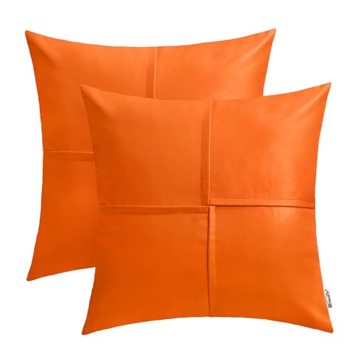 Image of BRAWARM Faux Leather Throw Pillow Covers 16 X 16 Inches, Orange Leather Pillow Covers Pack of 2, Hand Stitched Leather Decorative Throw Pillows for Couch Sofa Bed Living Room Home Garden