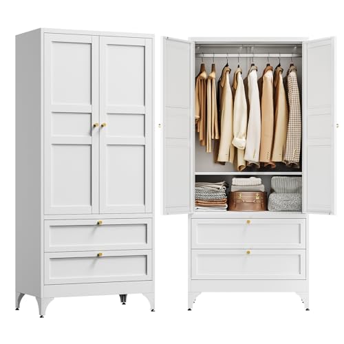Image of Letaya 71 inch Metal Wardrobe Cabinets with 2 Drawers,Steel Armoire Wardrobe Closet with Doors and Shelves,Clothing Storage Cabinets with Hanging Rod for Bedroom, Gym, Cloak Room,White