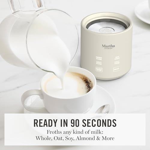 Image of Martha Stewart Milk Frother and Steamer, 10oz /300ml Glass Cup, 4 Presets (Cold Foam, Light, Dense & Hot Chocolate), Ready in 90 Seconds, Cordless Pouring, One-Touch for Hot and Cold Milk, Linen Cream