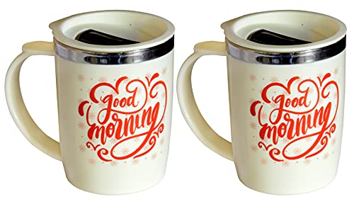 Image of Kuber Industries Insulated BPA Free Plastic Coffee Mug with Lid Pack of 2 (Cream)