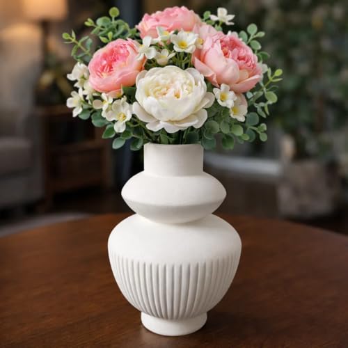 Image of SPHINX Ribbed Ceramic Vase for Home Decor | 6 Inch Matte Ivory Textured Flower Pot | Modern Nordic Style Table Vase for Living Room, Office & Bedroom Decoration