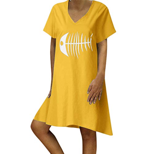 Sunnywill Women Dress, Women Summer Casual Fish Bone Print Short Sleeve Dress V Neck Linen Dress Womens Popular Practical Evening Dresses A-line Dress Yellow