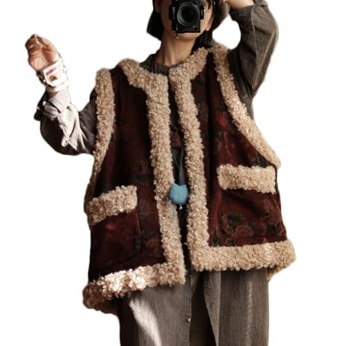 Women's Vest Corduroy Quilted Open Front Faux Shearling Lambwool Trim Sleeveless Cardigan Vest