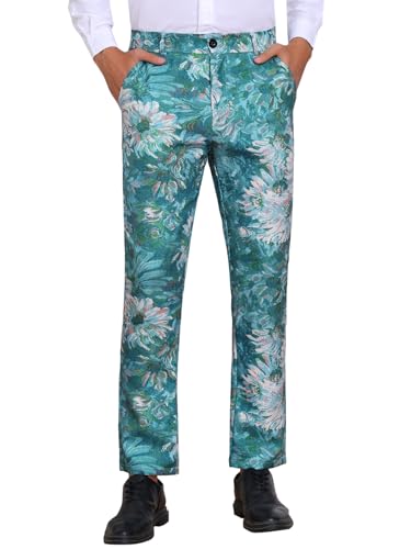 Image of Lars Amadeus Floral Pants for Men's Pattern Trousers Straight Leg Flat Front Flower Printed Pants Blue 38