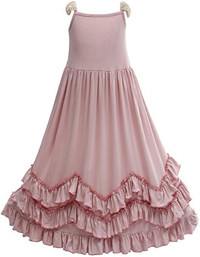 Girls Ruffles Maxi Dress Pink Color Halter Lace Fly Sleeve Cotton Party Dress Skirts