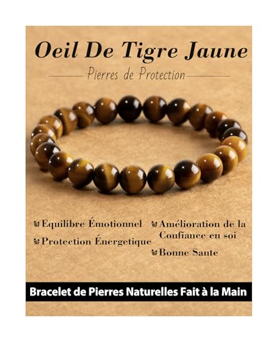 Landorilo Bracelet en Pierre Naturelle de 8 mm Fait à la Main pour Homme et Femme, Bracelets de Yoga Élastique Hautement Poli, Cadeaux de Bijoux Créatifs(Oeil de...