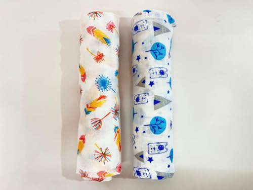 Image of Swaddle for Babies -100% Muslin Cotton Soft Swaddle /Blanket /Multipurpose Wrap for New Born Baby Girl & Boy | Perfect for Gifting | 100x100 cm | 0-6 Months, Set of 2, (Bear & Feather Print)