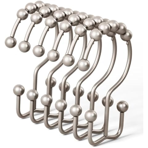 DAWNER Shower Curtain Hooks Rings, Rust Proof Hooks, Metal Easy Glide Double Shower Rings Hooks, Stainless Steel Shower Curtain Hangers for Bathroom Shower Curtains, Set of 12 Hooks, Brushed Nickel Cover