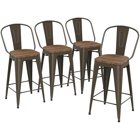 Yongqiang 24 inch Bar Stools Set of 4 Kitchen Counter Height Bar Chairs High Back Metal Barstools with Large Wooden Seat Industrial Rusty Cover