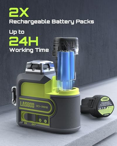 Image of 3D-RS12 Laser Level 3x360 Green Beam for Construction and Picture Hanging, Self-Leveling 3D Laser with 2 Rechargeable 11.1V Batteries (24 Hrs), Magnetic Liftable Stand, Type-C Cable