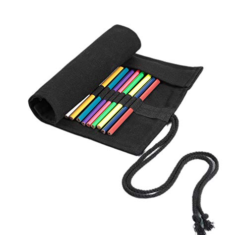 Image of Canvas Roll up Pencil Pen Holder Case, 48 Slots Large Capacity Artist Paint Brushes Organize Pouch (Black)