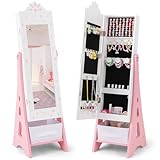 CHARMAID Kids Mirror Jewelry Cabinet - Standing Full Length Mirror with Jewelry Storage, Ring Earring Necklace Jewelry Organizer Box, Kids Vanity Dressing Mirror Jewelry Armoire for Girls (White)