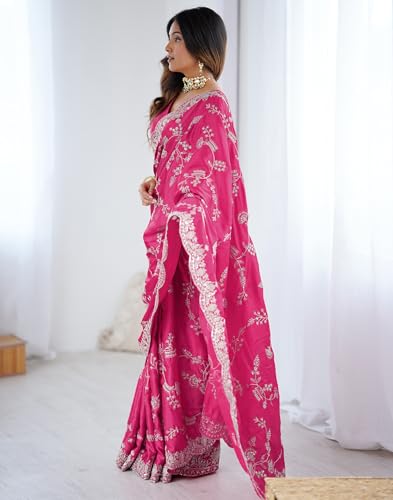 Image of SIRIL Women's Satin Embroidery And Scalloped Border Saree With Unstitched Blouse Piece