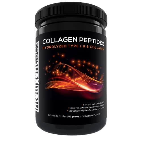 Hydrolyzed Type 1 and 3 Collagen Peptides Powder by Intelligent Labs, 100% Cruelty-Free and Grass-Fed Bovine, Supports Healthy Hair, Skin, Nails & Joints, 11g per Serving, 41 Servings a Bottle