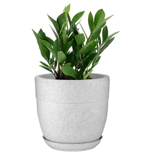 GARDENS NEED 17-Inch (43.18cm) Marble Look Roto Moulded Plastic Flower Pot with Drainage Hole and Bottom Tray for Indoor and Outdoor Use - White Marble