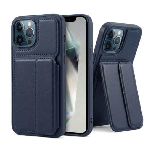 Image of amazon basics Luxury Vegan Leather Back Cover for iPhone 16 Pro Max | Built-in Card Holder Slot | Integrated Mobile Stand | Slim Shockproof Protective Case with Stitched Finish - Blue