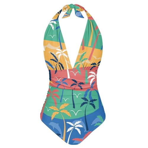 Palm Tree Stripes Print One Piece Swimsuit for Women Plunge V Neck Halter Women's Plus Size Swimwear Tummy Control One Piece Bathing Suit Swimming Wear