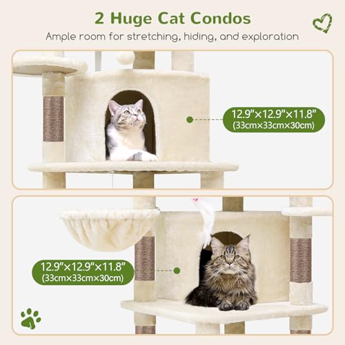 Image of Globlazer Corner Cat Tree for Large Cats, 66inch Tall Curved Series Large Cat Tower for Multiple Indoor Cats with 6 Scratching Posts, 2 Spacious Cat Condos, Hammock, Hanging Basket, C66, Beige
