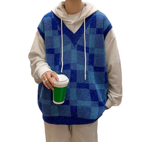 Men's Winter V-Neck Japanese Retro Plaid Knitted Fashion Loose Sleeveless Pullover Knitted Vest