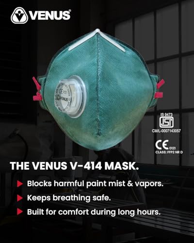 Image of VENUS - V-414 SLOV-V - FFP2 Painting Respirator Mask - CE Approved, Unisex Fold Flat Design with Stay Cool Exhalation Valve & Carbon Filter for Chemical Odors, Head Loop - Pack of 5