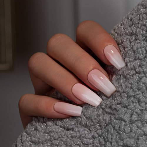 KQueenest Ombre French Tip Press On Nails Medium Long Coffin,
