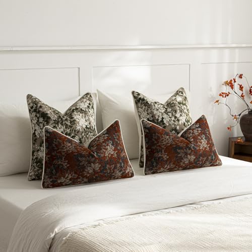 DEZENE Pack of 2 Vintage Floral Pillow Covers 12x20 Boho Farmhouse Accents Chenille Rectangular Lumbar Decorative Throw Pillow Cases for Living Room Couch Bed Home Decor, Rust by DEZENE - Used condition - Image 5