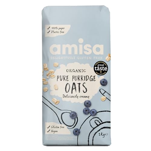 Amisa Organic Gluten-Free Porridge Oats 1kg - Batch Tested High Fibre 100% Recyclable Paper Packaging - Ideal for Breakfast Cooking & Baking  Pack of 1