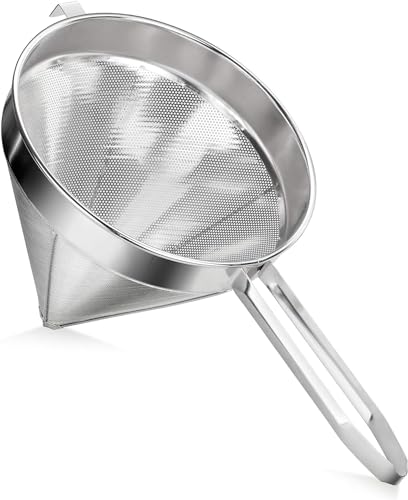 Soro Essentials Colador de tapa de porcelana de malla fina de acero inoxidable de 12 pulgadas, colador de alimentos en forma de cono con mango resistente, perfecto para tamizar, drenar, enjuagar,