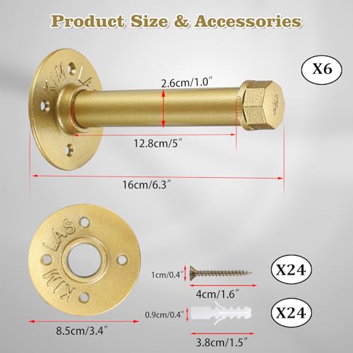 BTSKY 6 Pack Clothes Rack with Screws, 6 Inch Metal Industrial Pipe Clothes Bars for Hanging Clothes, Heavy Duty Wall Mounted Clothing Hanging Rod Shelving Brackets for Laundry Room Retail Store, Gold