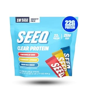 SEEQ Clear Protein Powder Sample Pack – 18 On-The-Go Sticks – 22g Clear Whey Protein Isolate – Zero Sugar – 0g Lactose – Allergen Friendly – GLP1 Support – Bone Health – Post Workout Recovery
