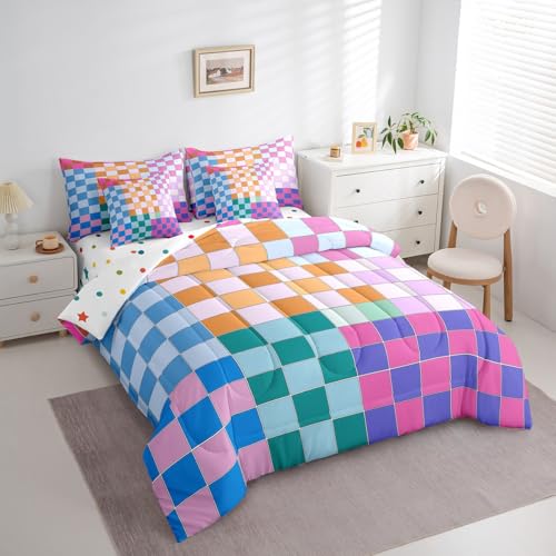 Image of Erosebridal Colorful Checkered Full Comforter Set with Sheets 7 Pcs Rainbow Checkerboard Grid Bedding Set Blue Pink Purple Plaid Bed in A Bag for Kids Boys Girls,Geometric Groovy Aesthetic Bed Set
