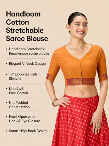 Image of Studio Shringaar Women's Handloom Cotton Stretchable (Smocked) Saree Blouse with Temple Zari Border