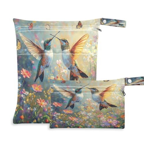 ATTX Hummingbirds Wildflowers Wet Dry Bags 2-Pack - Reusable Cloth Diaper Storage for Travel, Beach & Gym | Multi-Use Waterproof Bags for Swimsuits, Baby Clothes, Sports Gear#243