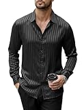 URRU Men's Muscle Fit Dress Shirts Casual Stylish Shiny Silk Long Sleeve Striped Button Down Shirt Black M