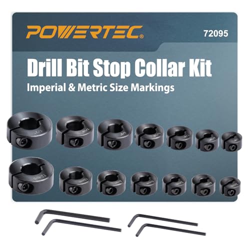 POWERTEC Drill Bit Stop Collar Kit with Imperial & Metric System Size Markings - 14 Piece Set Adjustable Depth Stop with Allen Wrench - 3mm to 12mm & 1/8" to 1/2” (72095)
