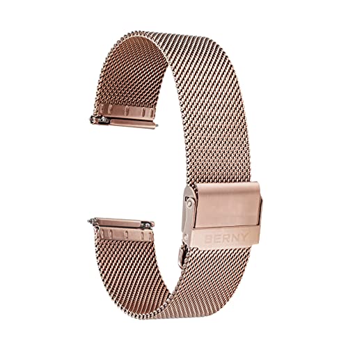 BERNY Stainless Steel Mesh Watch Band for Mens Women Quick Release Adjustable Watch Straps Thin Metal Bracelet with Safty Clasp 18mm, Rose Gold