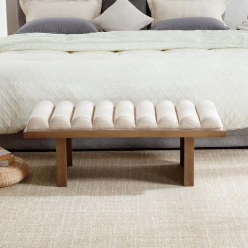 CIMOTA Modern Bedroom Bench, 47 Inch Upholstered End of Bed Bench Padded Entryway Bench with Cylindrical Cushion/Wood Legs, Wooden Window Bench for Living Room/Hallway, Linen Beige - image 7