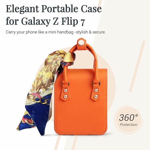 Image of for Samsung Galaxy Z Flip 7 Case, Cute Mini Handbag Wallet Phone Case with Card Holder, Silk Scarf & Handle Strap, Luxury PU Leather Protective Cover - Orange
