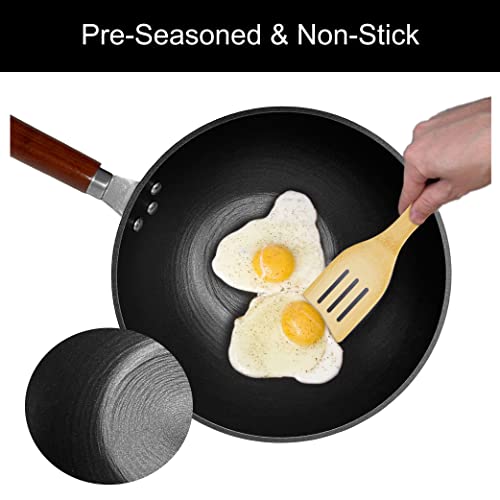21st & Main Light weight Cast Iron Wok, Stir Fry Pan, Wooden Handle, with Glass lid, 11 Inch, 10pc Accessories Set, chef’s pan, pre-seasoned nonstick, for Chinese Japanese and others Cooking - Thumbnail 6