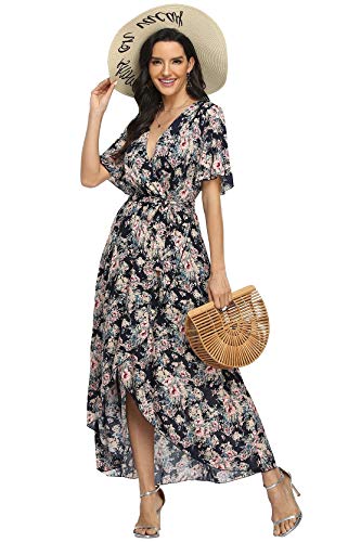 Image of VintageClothing Women's Wrap V Neck Floral Summer Dresses High Low Maxi Casual
