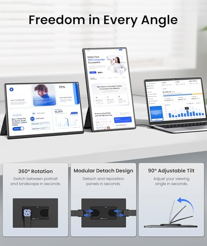 Portable Monitor, 16" 1200P FHD Laptop Screen Extender, Detachable Horizontal/Vertical Monitor, Plug & Play Dual Travel Monitor Build-in Speaker for Laptop/Mac/Windows - Image 6