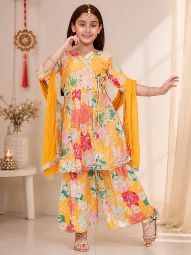 Image of Preneum Girls's Ethnic Cotton Bandhani & Lehariya Printed 3 /4 Sleeves Gotta Patti Angrakha Kurta with Sharara Set