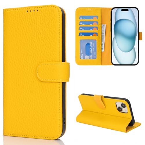 Coque iPhone 15 jaune étui portefeuille en cuir véritable anti-rayures antichoc