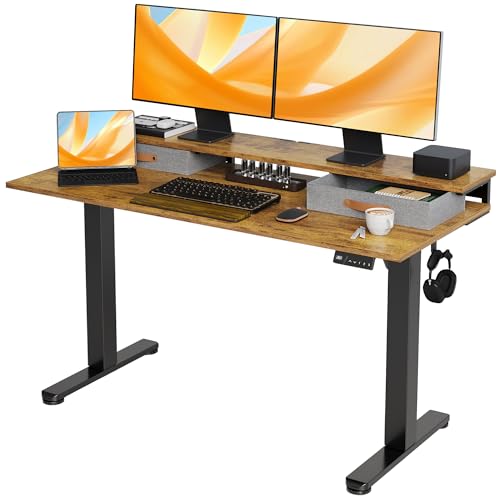 Image of Claiks Electric Standing Desk with 2 Drawers, 55 Inch, Rustic Brown